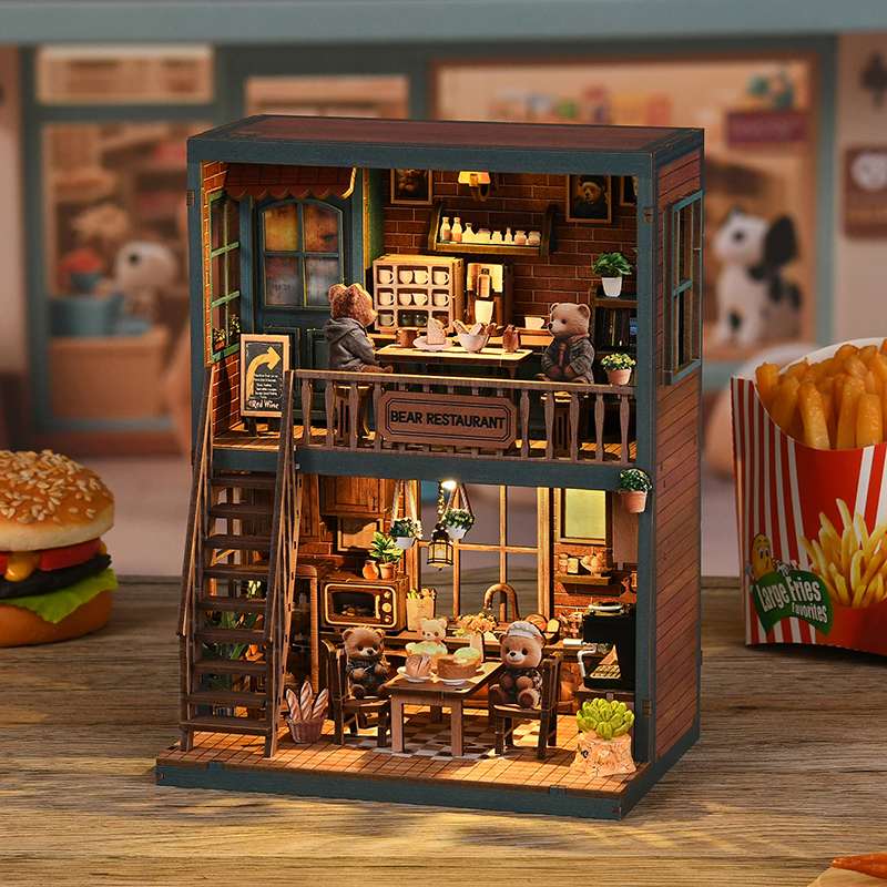 Bear Bistro Time completed DIY miniature house with warm LED lighting