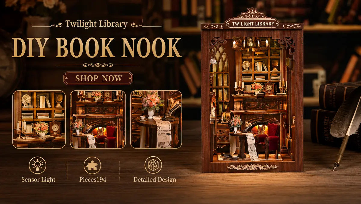 Cozy Vintage Study Room completed miniature scene with warm illuminated details