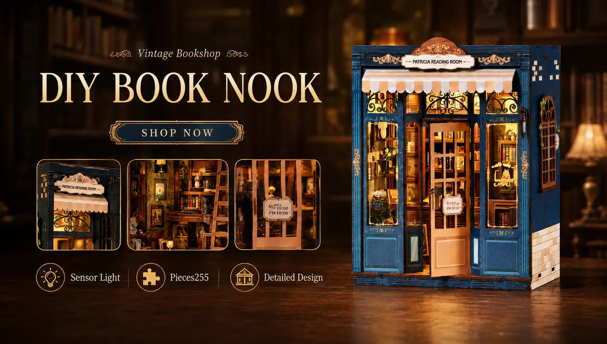 Pergola Reading Room completed miniature scene with warm illuminated details