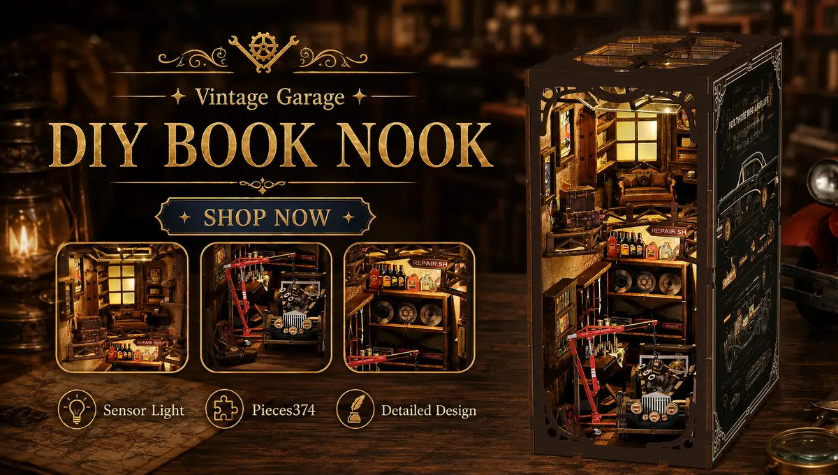 Vintage Repair Garage completed miniature scene with warm illuminated details