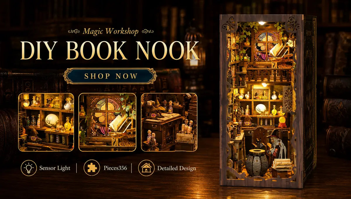 Witch's Enchanted Workshop completed miniature scene with warm illuminated details