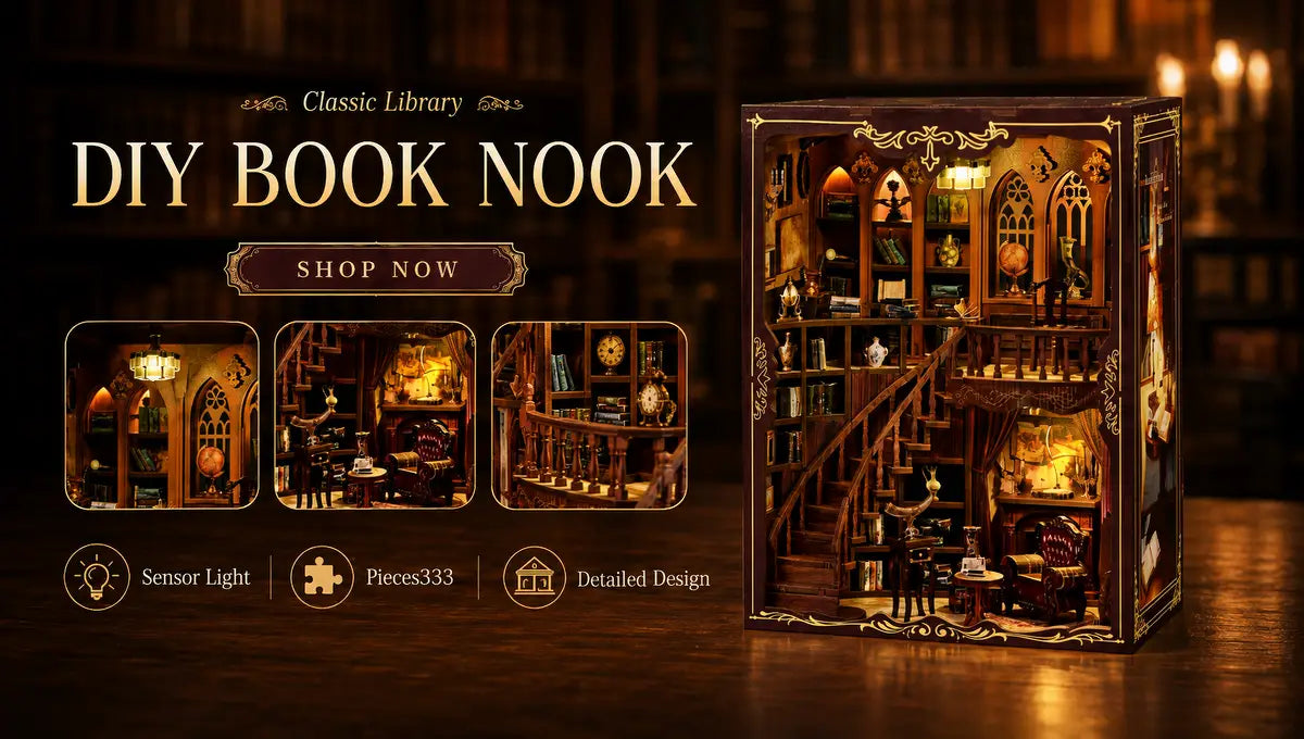 Vintage Library Study completed miniature scene with warm illuminated details