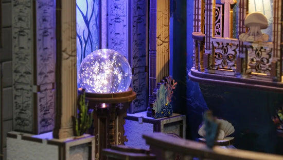 Lost Ocean Ruins Adventure miniature scene illuminated by warm LED lights