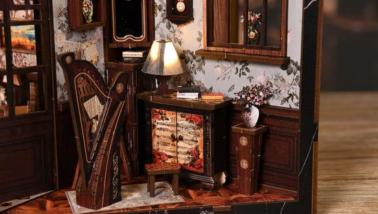 European Melody Room miniature scene illuminated by warm LED lights