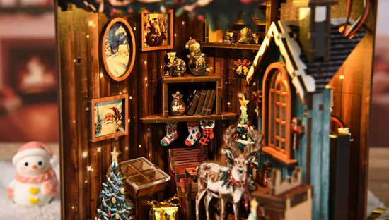 Snowy Christmas Cabin close-up miniature details for a relaxing hands-on build