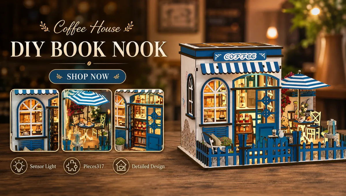 Seaside Coffee House completed miniature scene with warm illuminated details