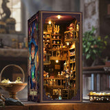 Little Wizards' Potion Lab completed DIY book nook with warm LED lighting