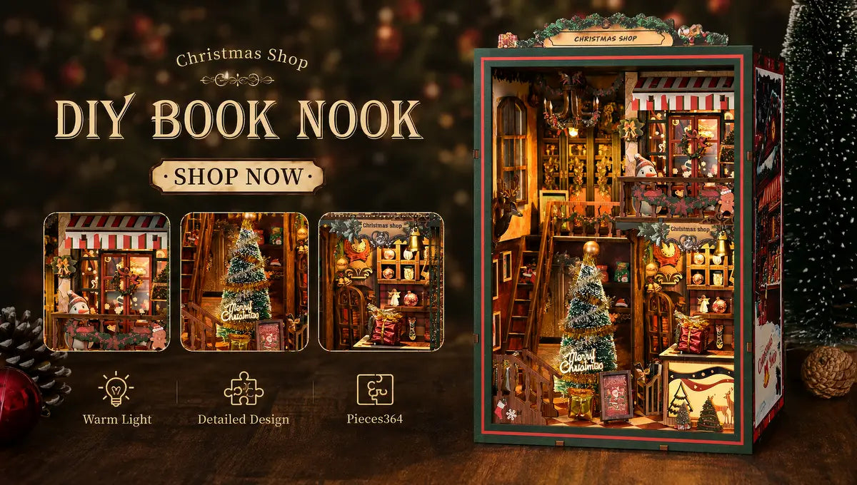 Christmas Shop completed miniature scene with warm illuminated details
