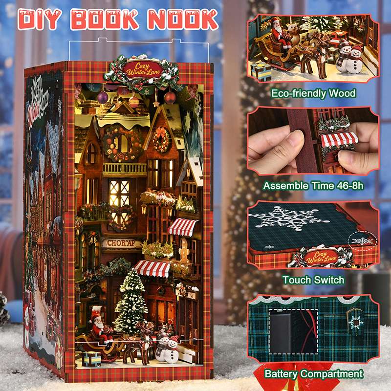 DIY book nook assembly infographic showing wooden construction miniature shop details light control and battery compartment